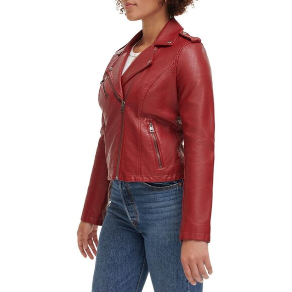 Women's The Classic Faux Leather Moto Jacket Font Full Zipper Deep Cherry Red - Picture 3 of 5